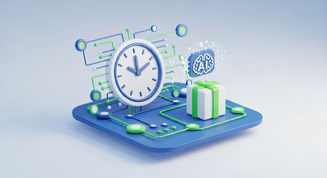 Perspective view of 3D AI delivery scheduling system icon with clock and package
