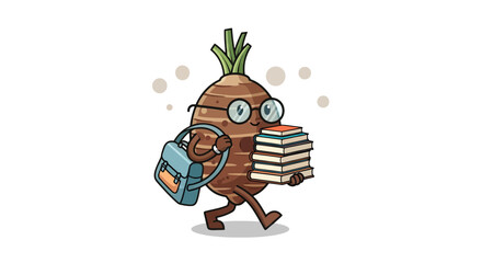 Fototapeta premium A Smart Taro Root Character Walking With Books And A Bag Black Background