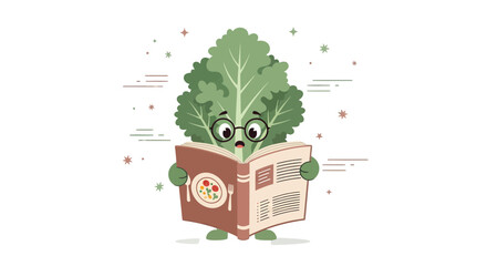 A Smart Vegetable Character Reading Food-Related Literature With A Curious Expression