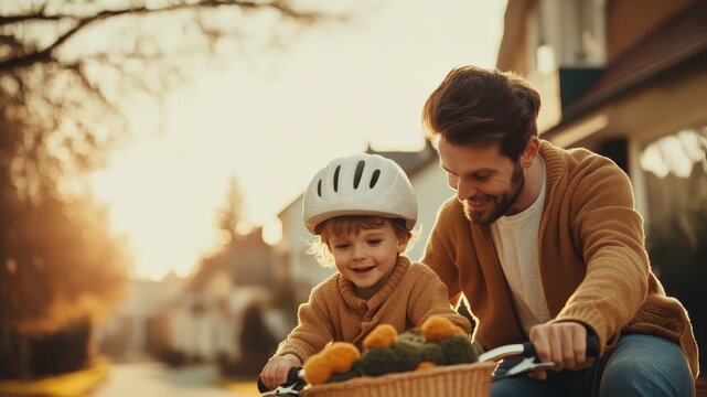 Happy caucasian father and toddler son enjoy active bicycle ride, fostering family bonding and joy with helmet safety during golden hour sunset on neighborhood street. - Powered by Adobe