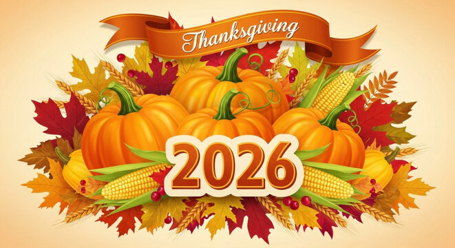 Festive Thanksgiving 2026 Celebration Banner with Colorful Autumn Harvest Elements, Pumpkins, and Maple Leaves