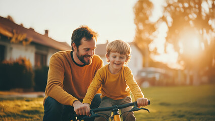 Smiling father coaches young boy riding bicycle outdoors during golden sunset, symbolizing strong family bonds and invaluable childhood learning.