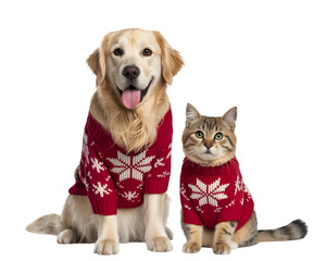 Adorable dog and cat wear festive red Christmas sweaters with snowflakes, isolated on black. Perfect for holiday pet promotions, greeting cards, or winter seasonal designs.