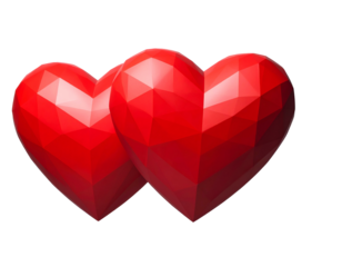 Two bright red geometric hearts embrace