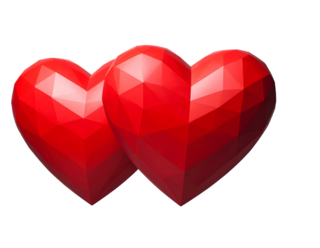 Two bright red geometric hearts embrace