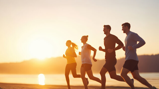 Enthusiastic group of friends running together by water during breathtaking golden hour sunrise. Promoting healthy outdoor fitness and active lifestyle.