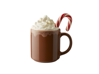 Festive hot chocolate in a brown mug, topped with fluffy whipped cream and a classic candy cane against a black background. Perfect cozy Christmas holiday drink for winter warmth and festive cheer.