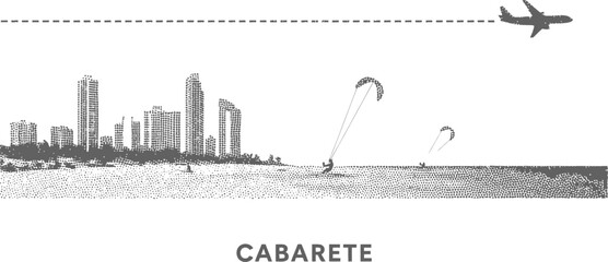 Cabarete Skyline with Kitesurfers and Airplane Silhouette