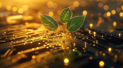 Small green plant sprout growing from glowing digital circuit board