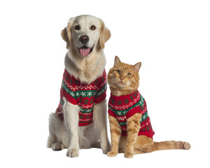 Festive golden retriever dog and orange cat pose in matching red Christmas sweaters, ideal for holiday ads, pet promotions, and seasonal cheer.