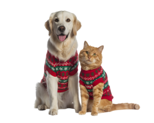 Festive golden retriever dog and orange cat pose in matching red Christmas sweaters, ideal for holiday ads, pet promotions, and seasonal cheer.