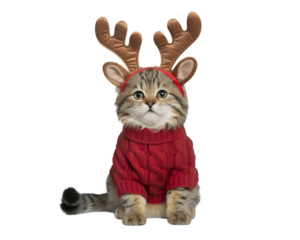 Adorable Christmas kitten dressed as a reindeer in a festive red sweater. Perfect for holiday cheer, seasonal greetings, and cute animal themes. Isolated on black.