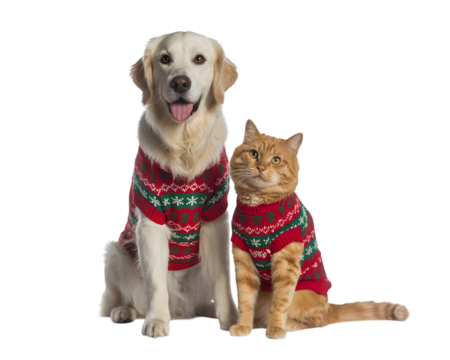 Festive golden retriever dog and orange cat pose in matching red Christmas sweaters, ideal for holiday ads, pet promotions, and seasonal cheer.