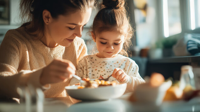 Mother and daughter sharing breakfast in cozy kitchen, highlighting family bonding, healthy eating, nutrition, love, morning care and joyful quality time at home