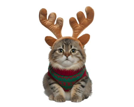 Adorable tabby cat in festive Christmas reindeer antlers and a cozy holiday sweater, perfect for seasonal banners, greeting cards, or charming pet-themed designs.