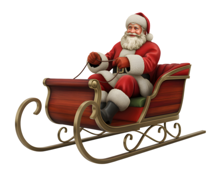 Cheerful Santa Claus in his traditional red suit, ready for Christmas delivery, riding in a festive wooden sleigh. Perfect for holiday marketing, greeting cards, and seasonal designs.