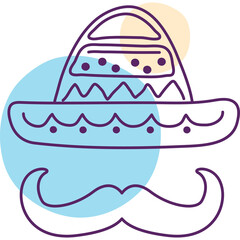 Line Art Sombrero Hat and Moustache Illustration with Abstract Circles in Blue and Peach Colors on Transparent Background