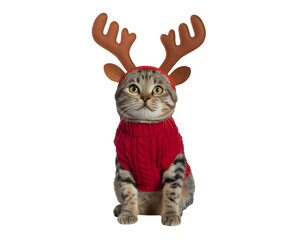 Adorable tabby cat in a festive red Christmas sweater and cute reindeer antlers headband on black background. Perfect for holiday greeting cards and seasonal designs.