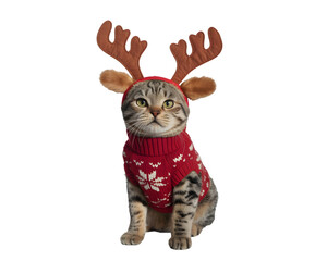 Adorable tabby cat in a festive red Christmas sweater with snowflake design and cute reindeer antlers. Perfect for holiday greetings, Xmas cards, pet themes, and winter celebrations.