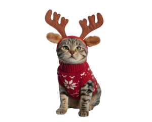 Adorable tabby cat in a festive red Christmas sweater with snowflake design and cute reindeer antlers. Perfect for holiday greetings, Xmas cards, pet themes, and winter celebrations.