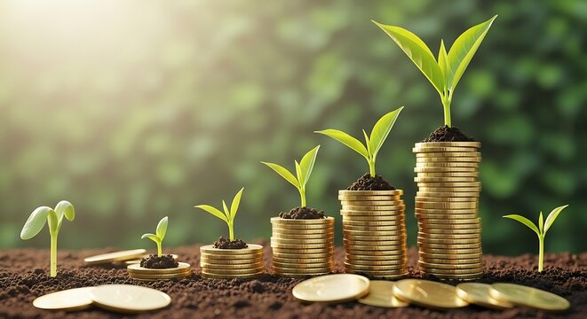 Business Investment Growth Concept Coins Stacked with Growing Seedlings