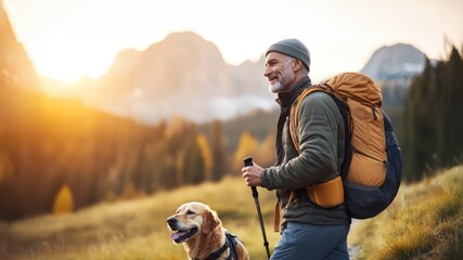 Smiling senior man and his golden retriever dog enjoy scenic mountain hike with beautiful golden hour light, celebrating active lifestyle and outdoor adventure.