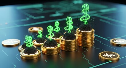 Digital and Sustainable Finance Concept Green Energy Plant Growing from Crypto Coins on Circuit Board