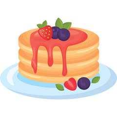 Stack Of Golden Pancakes Topped With Strawberry And Blueberry Syrup Served On A Light Blue Plate With Fresh Berries And Mint Leaves Detailed With A Transparent Background
