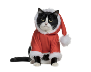 Adorable tuxedo cat wearing a festive red Santa Claus hat and matching suit with white fur trim, sitting against a black background. Perfect for holiday greetings, Christmas marketing, and pet-them
