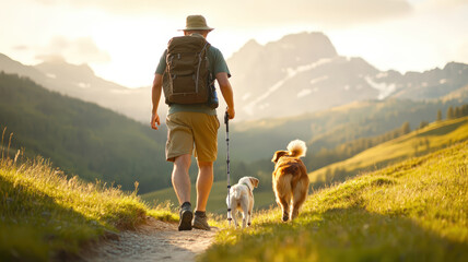 Rear view of active Caucasian senior man hiking with two dogs on mountain trail during golden sunset enjoying healthy retirement lifestyle and outdoor adventure with backpack and trekking pole.