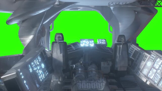 Spaceship Cockpit Interior with View of Earth and Stars Through Window - Sci-Fi Space Travel 3d render  Seamless Loop on green  background