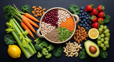 A vibrant arrangement of various fresh fruits, vegetables, and grains, showcasing healthy eating.