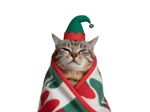 Funny tabby cat wrapped in festive red and green Christmas blanket, wearing a cute elf hat with a bell. Adorable holiday pet portrait, perfect for seasonal greetings, memes, and festive designs.