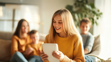 Happy Caucasian teenage girl using speech generating device for communication with family at home. Smiling young woman holding assistive tablet technology for disability inclusion in living room.