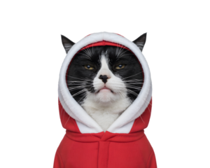 Grumpy tuxedo cat wearing a festive red Santa hoodie, isolated on a stark black background. Perfect for funny Christmas holiday themes, pet humor, and adorable seasonal designs.