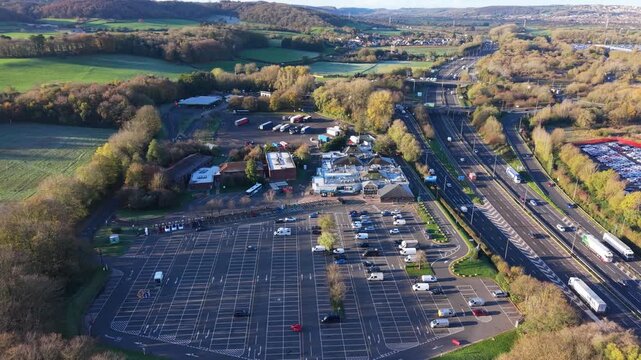 Aerial video of  a motorway service station near Bristol on the M5 in England, UK
