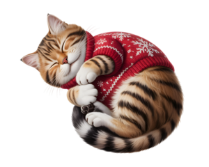 Adorable tabby cat in a festive red Christmas sweater with snowflakes, peacefully curled up and sleeping. Perfect for holiday designs, winter greetings, and cozy pet-themed projects.