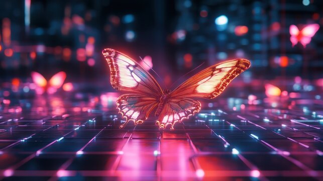 Futuristic butterfly on digital grid, vibrant city lights background, for design inspiration