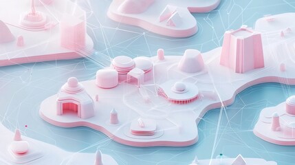 Abstract pink island landscape with soft light and digital connection