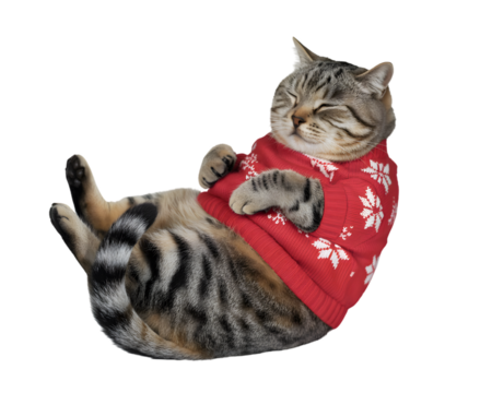 Adorable tabby cat in a festive red Christmas sweater with snowflakes, happily relaxing and celebrating the holiday season. Perfect for seasonal greetings, pet-themed designs, and winter cheer.