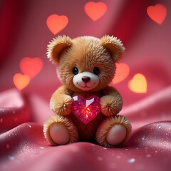 Fototapeta premium Cute Teddy Bear Holding Heart on Red Background with Love Symbols, Romantic Concept