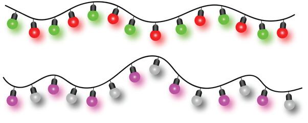 Colorful Festive String Lights Decoration – Red, Green, Purple & White Bulb Garland for Celebrations and Parties Isolated on White Background