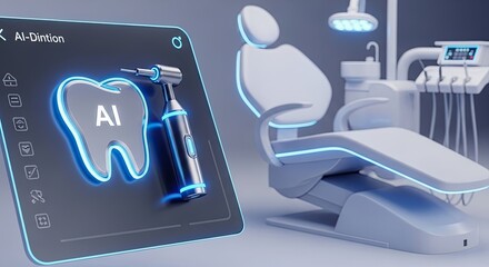 Perspective view of 3D AI-driven dentist tool icon with dental chair