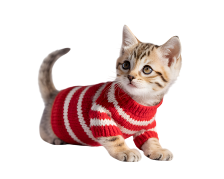 Adorable tabby kitten in a festive red and white striped sweater, isolated on black. Perfect for Christmas, winter holidays, pet promotions, or charming animal-themed designs.