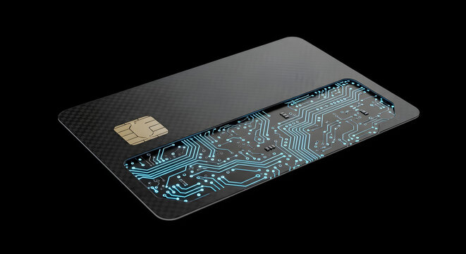 Futuristic credit card with glowing circuit board design on a dark background