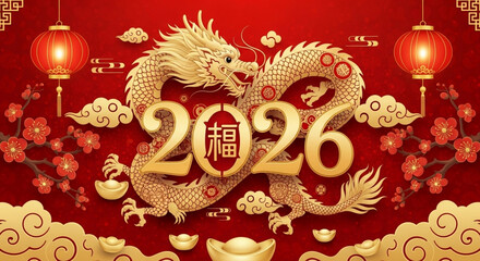 Fototapeta premium Golden Dragon and 2026 Marking the Arrival of a Prosperous New Year with Traditional Auspicious Elements and Vibrant Colors