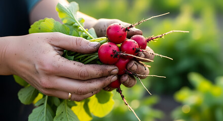 A person's hands holding freshly harvested red radishes from a garden.