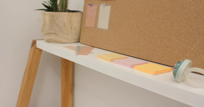 Camera panning across desk shelf showcasing succulent, cork board, sticky notes, tape dispenser