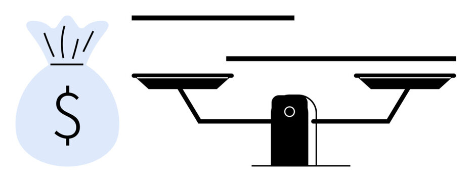 Money bag and balance scale side by side, symbolizing financial choices, value comparison, and resource management. Ideal for finance, economics, investment, budgeting, savings decision-making
