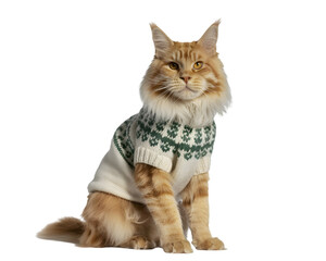 Majestic Maine Coon cat elegantly dressed in a festive fair isle winter sweater, against a black background. Ideal for Christmas, pet lovers, and cozy holiday season designs.